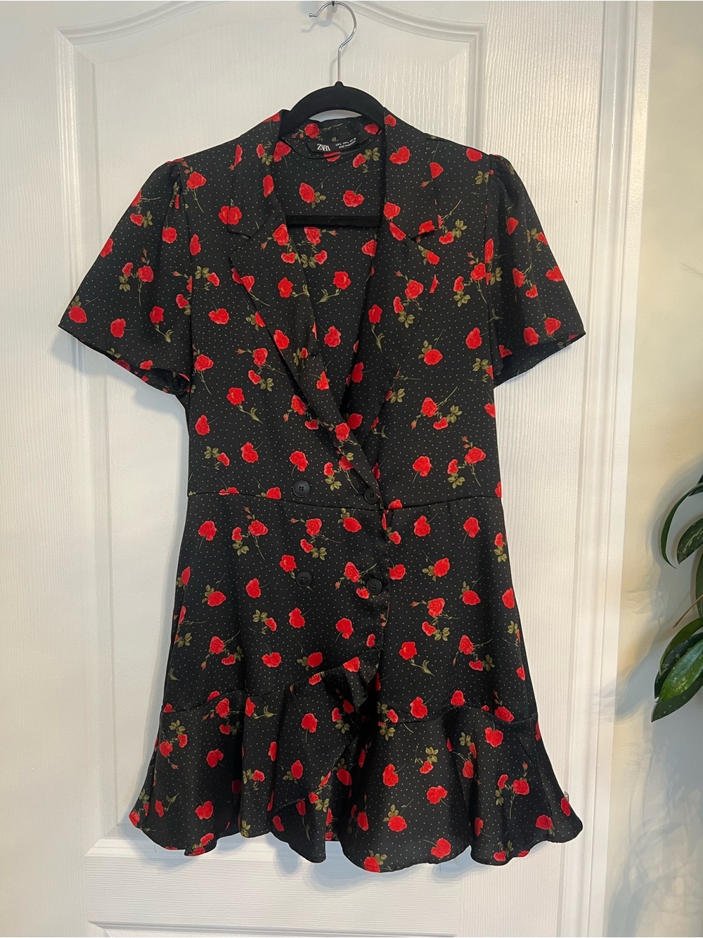 Zara Black Floral Wrap Romper with Red Flower Print. Size large